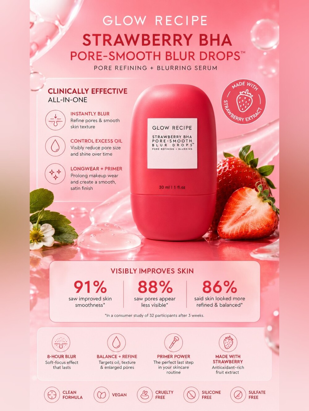 Glow Recipe Strawberry BHA Pore-Smooth Blur Drops
